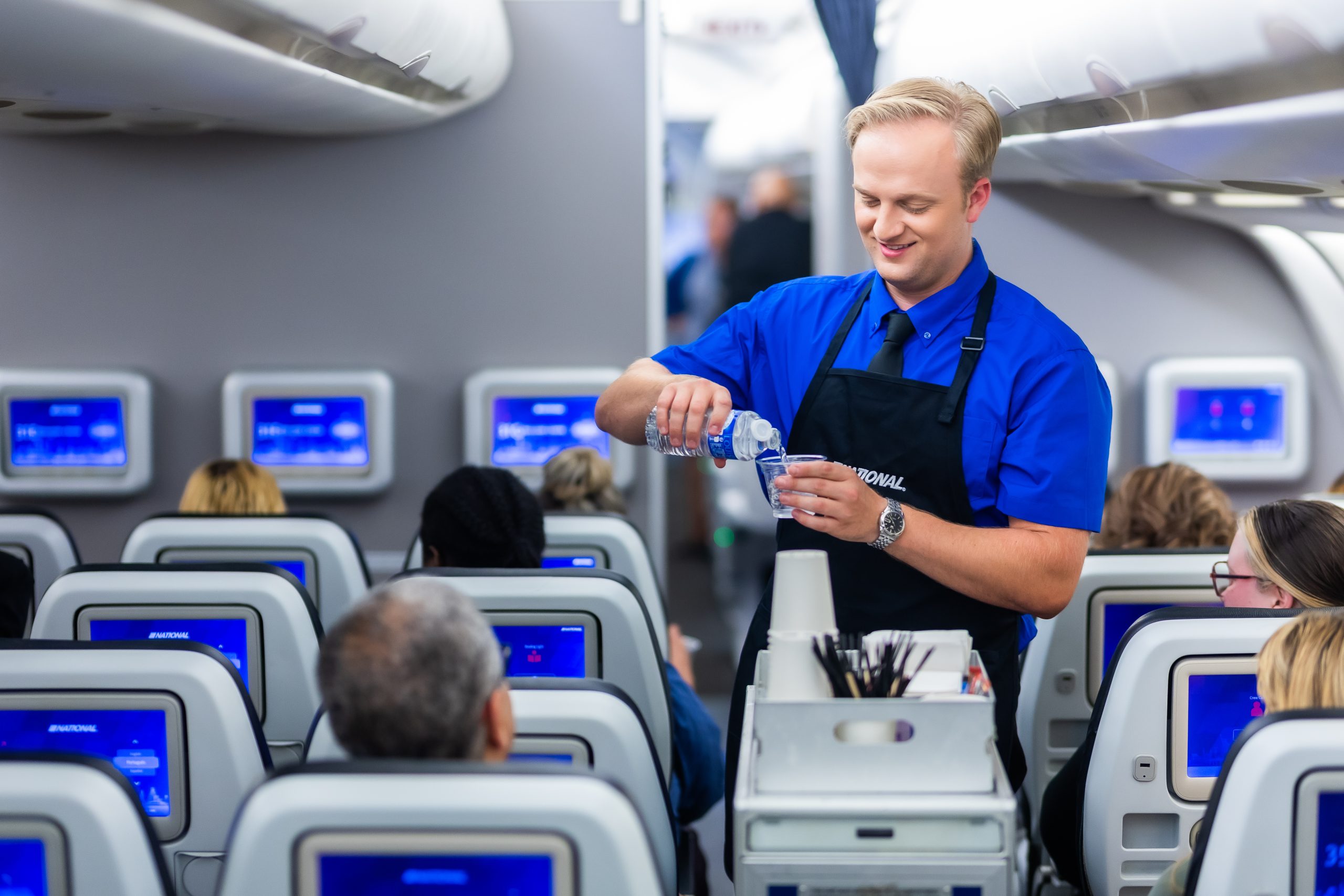 A flight attendant serving drinks on an airplane