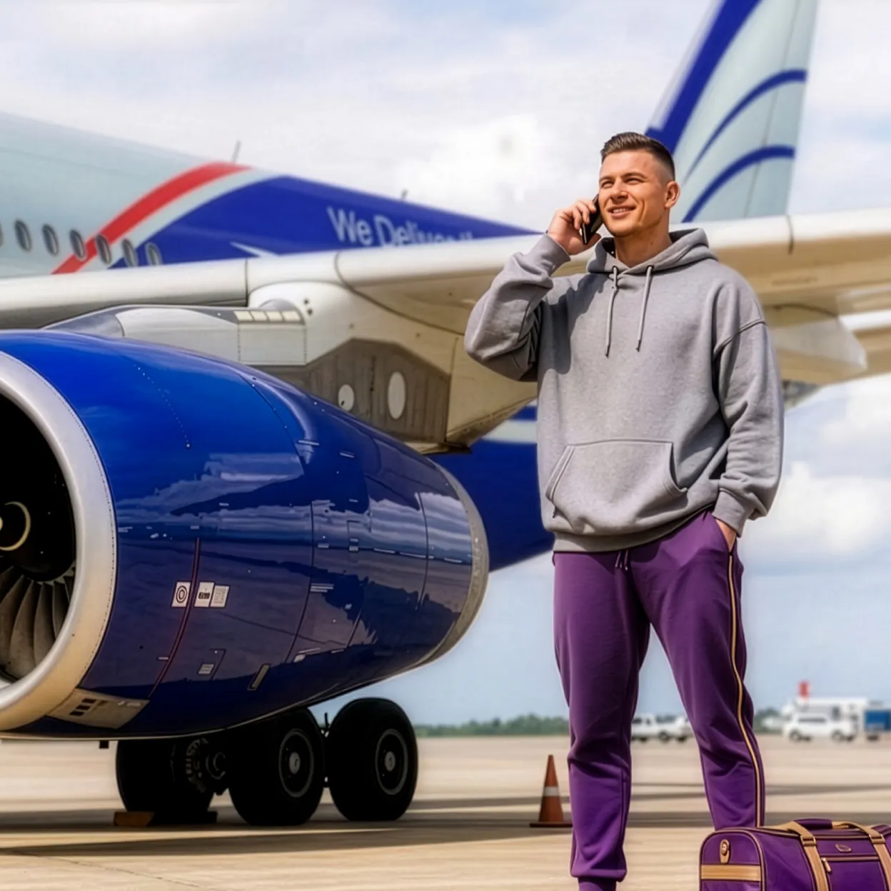 A person talking on cell phone beside an airplane
