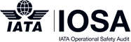 Logo identifies IATA's IOSA program: stylized circular globe above wing-like shapes left of bold "IOSA" letters, small "IATA Operational Safety Audit" subtitle, rendered in dark navy on white.