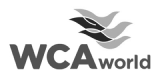 Object: a grayscale corporate logo with three overlapping stylized wing/ribbon shapes above bold "WCA" and smaller "world" text. Action: static, emblematic. Context: centered on a white background.