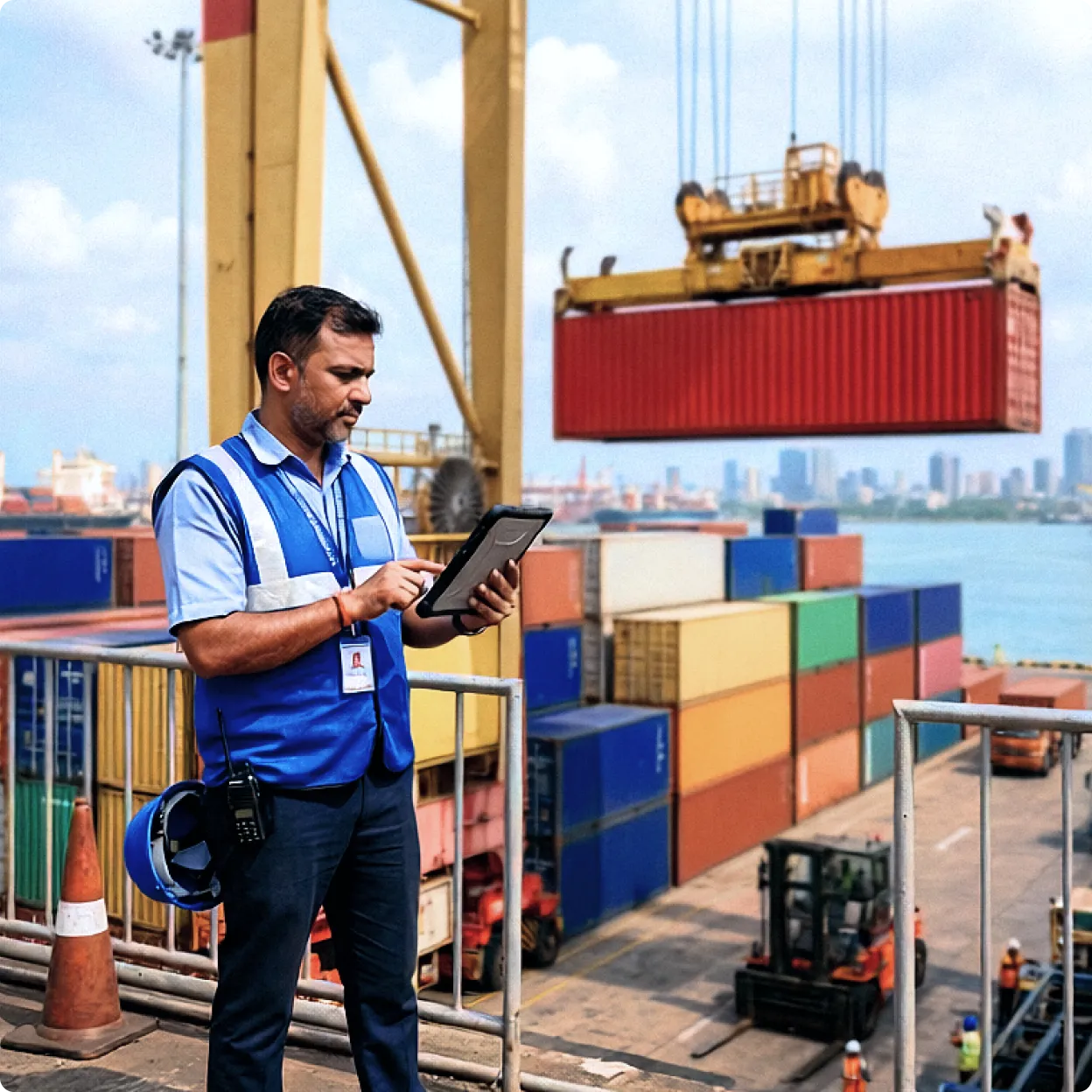 A person overseeing cargo being loaded onto a ship