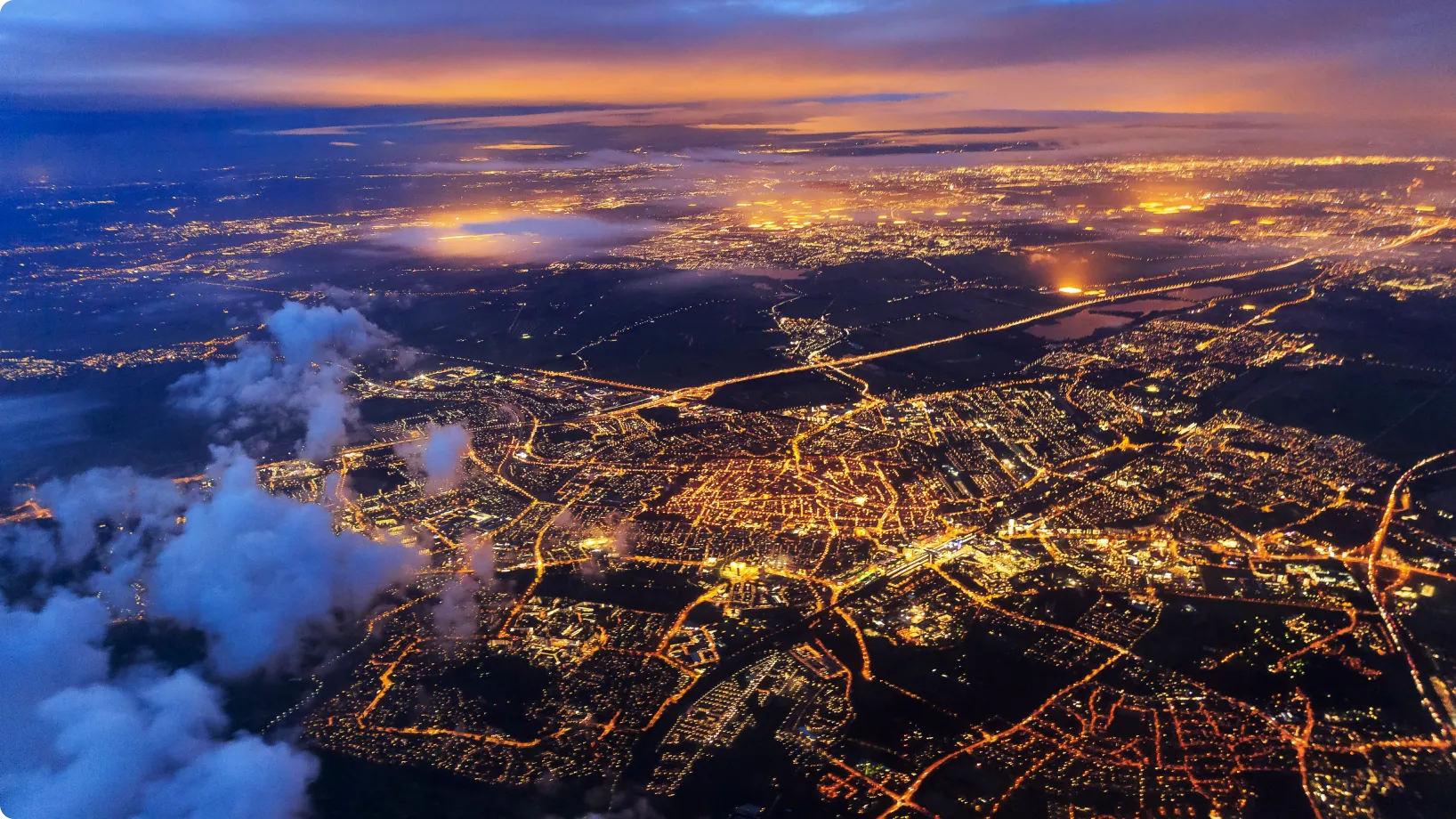 An aerial city shot at dusk